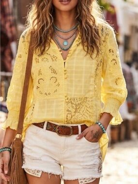 Sundance / Yellow Lace Top by
Lightweight Yellow Lace-Detail Women's Blouse